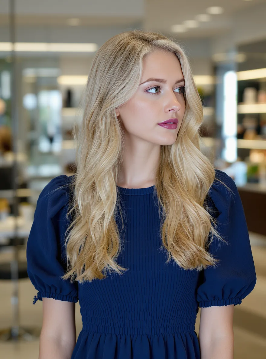 Beachy Sandy Blonde Long Layers with Soft Waves